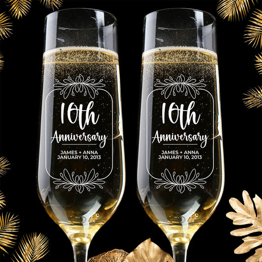 Personalized Champagne Flute Glass Set - "Anniversary"