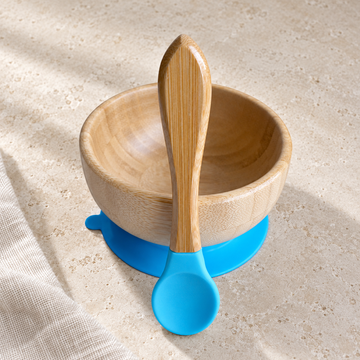Personalized blue bamboo baby bowl and spoon, gallery view 1