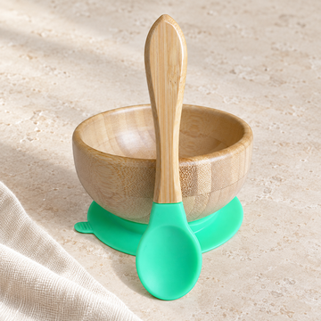 Personalized green bamboo baby bowl and spoon, gallery view 1