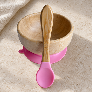 Personalized pink bamboo baby bowl and spoon, gallery view 1