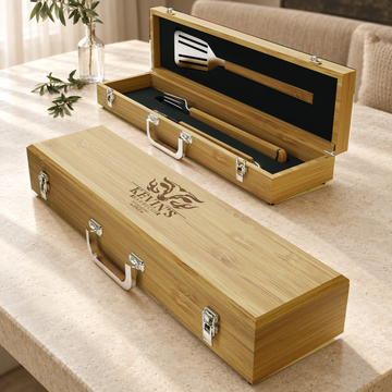 The Sizzle - Personalized BBQ Tool Set styled in a warm, naturally lit interior