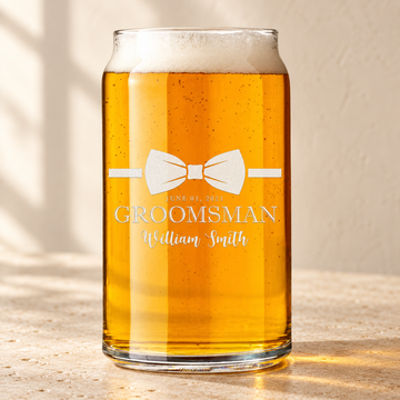 Personalized Beer Can Glass - "Groomsman Bowtie" — engraved detail, styled in natural daylight