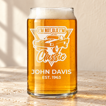 Personalized Beer Can Glass - "I'm Not Old I'm Classic" — engraved detail, styled in natural daylight