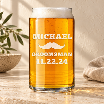 Personalized Beer Can Glass - "Moustache" — personalized detail, styled in natural daylight