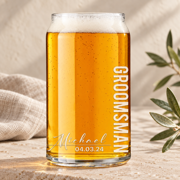 Personalized Beer Can Glass - "Signature Groomsman" — personalized detail, styled in natural daylight