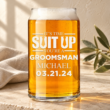 Personalized Beer Can Glass - "Suit Up Groomsman" — personalized detail, styled in natural daylight