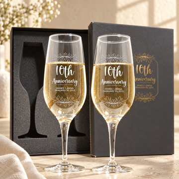Personalized Champagne Flute Glass Set - "Anniversary Badge" — engraved detail, styled in natural daylight