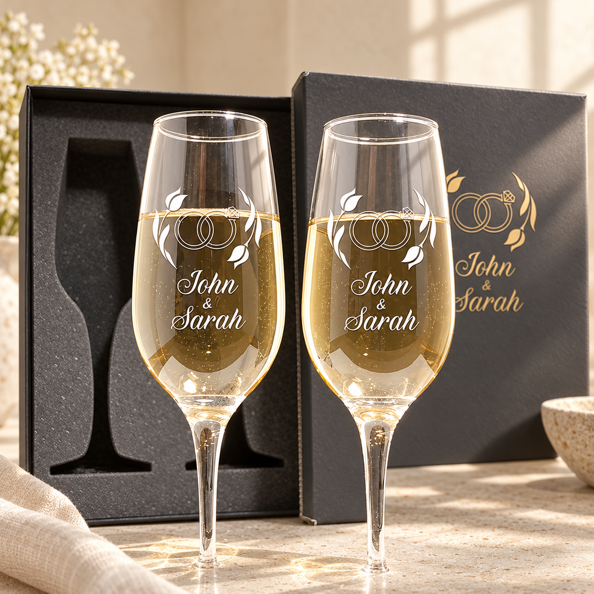 Two personalized champagne flutes engraved with linked rings and the names John and Sarah, styled beside a black presentation box.