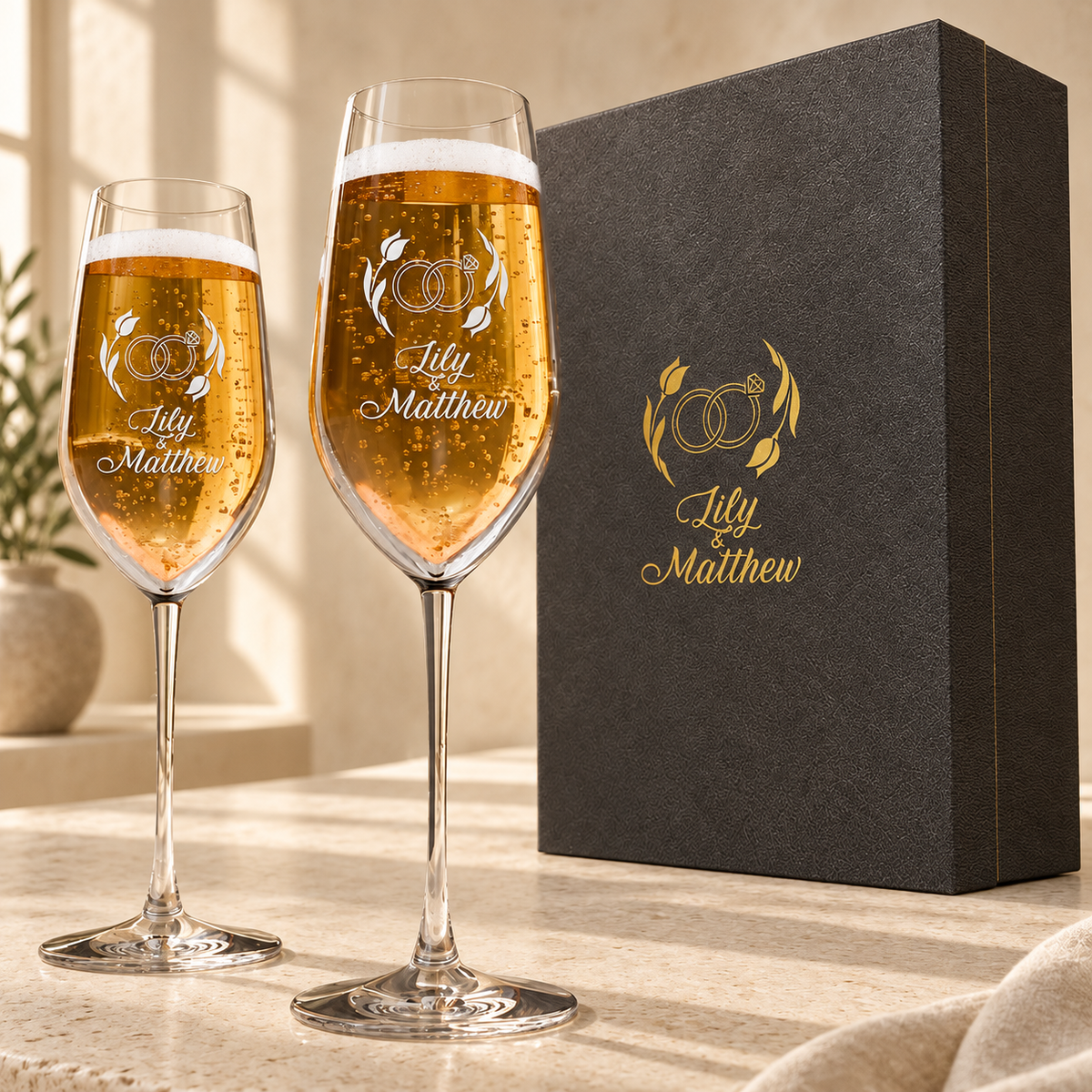 Personalized Champagne Flute Glass Set - "Engagement Rings" — engraved detail, styled in natural daylight