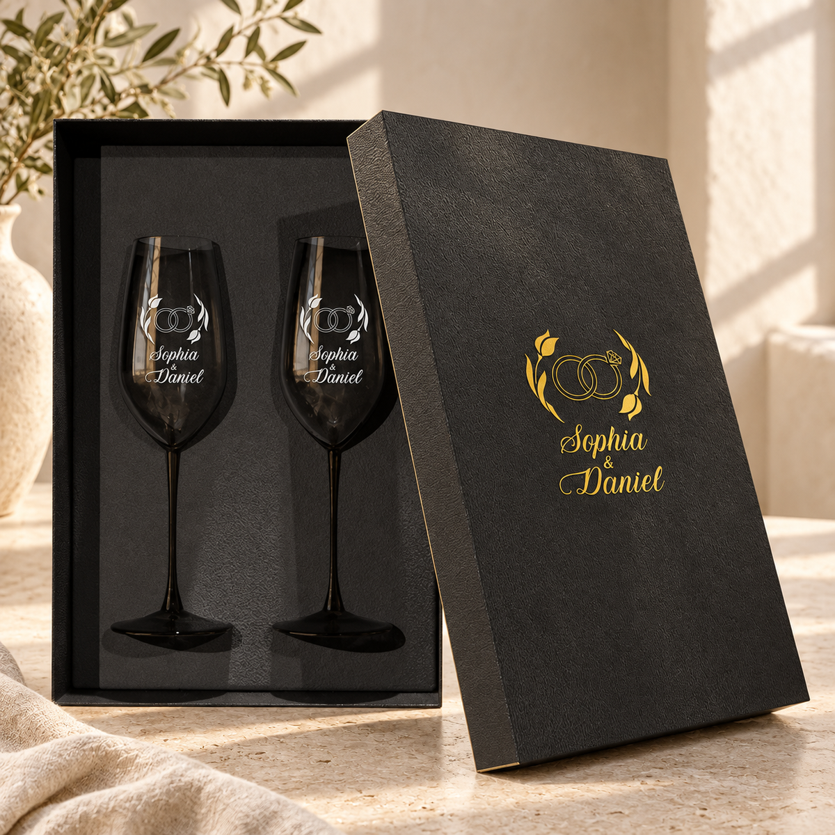 Personalized Champagne Flute Glass Set - "Engagement Rings" — engraved detail, styled in natural daylight