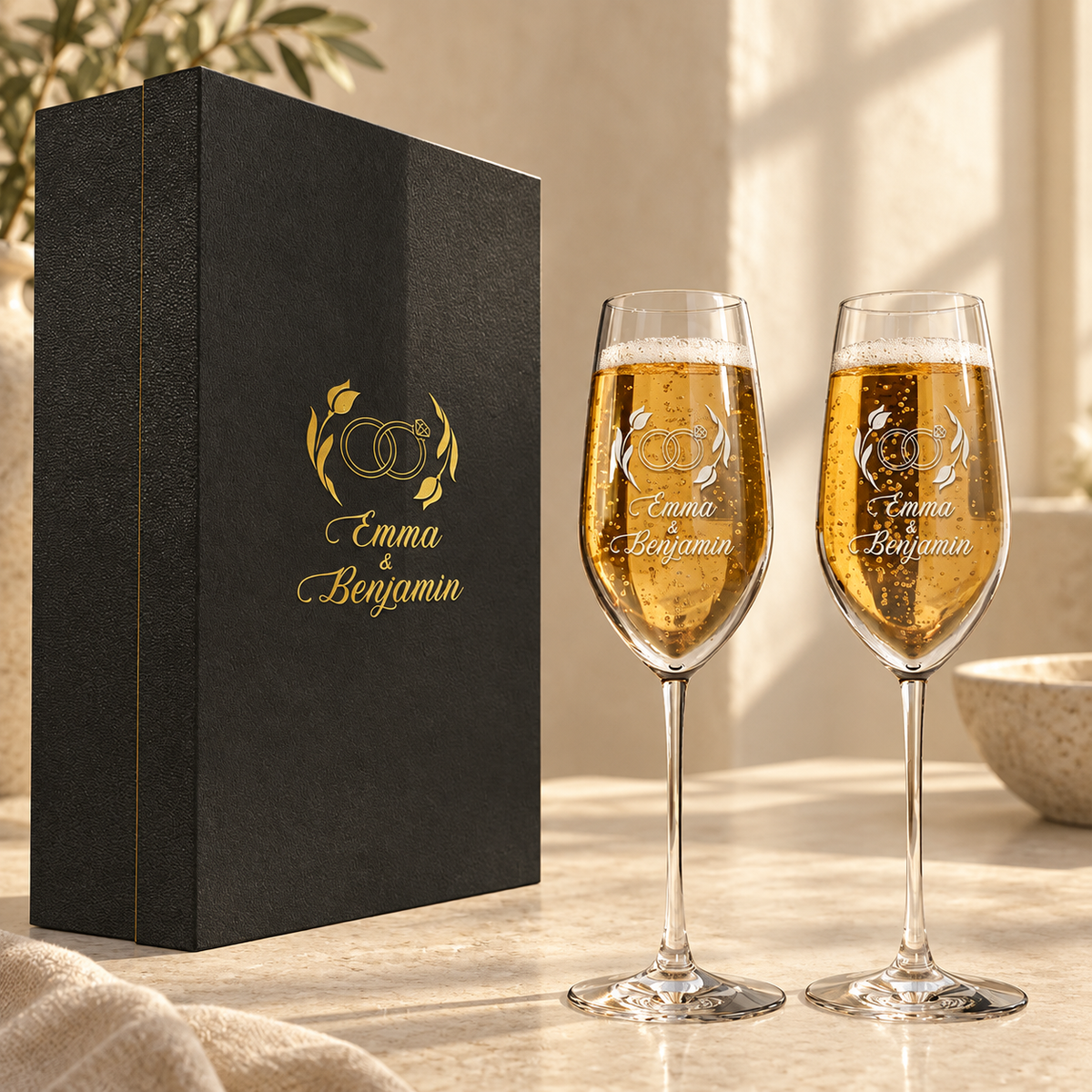 Personalized Champagne Flute Glass Set - "Engagement Rings" — engraved detail, styled in natural daylight