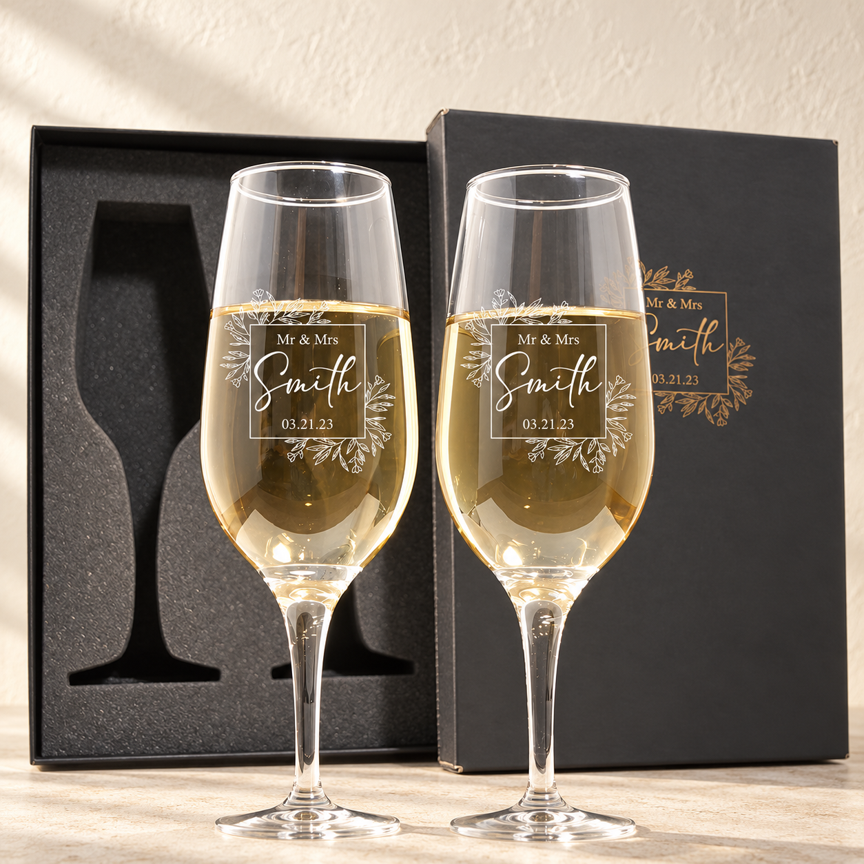 Personalized Champagne Flute Glass Set - "Mr & Mrs"