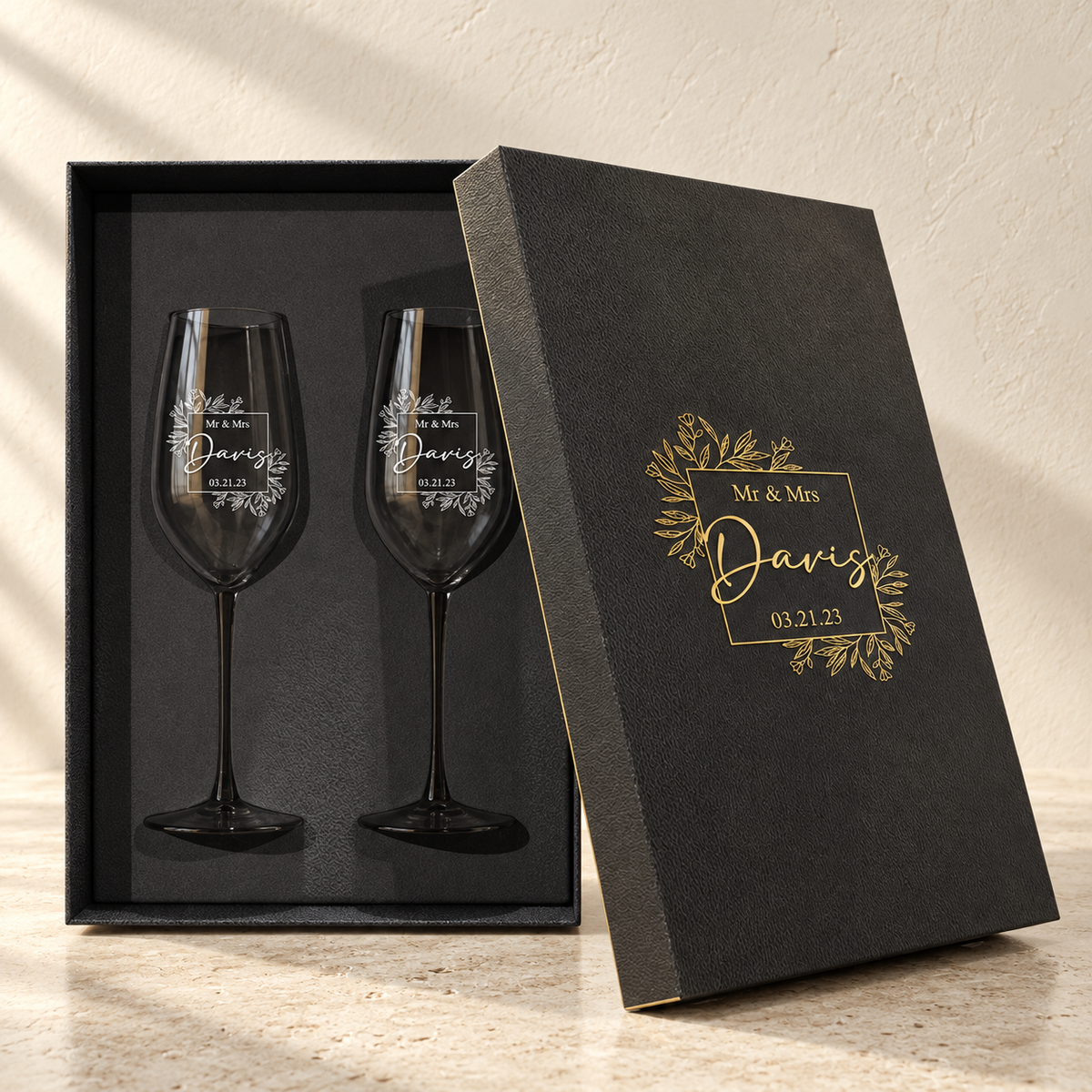 Personalized Champagne Flute Glass Set - "Mr & Mrs" — engraved detail, styled in natural daylight