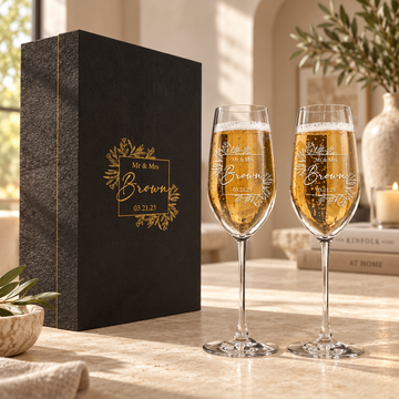 Personalized Champagne Flute Glass Set - "Mr & Mrs" — engraved detail, styled in natural daylight