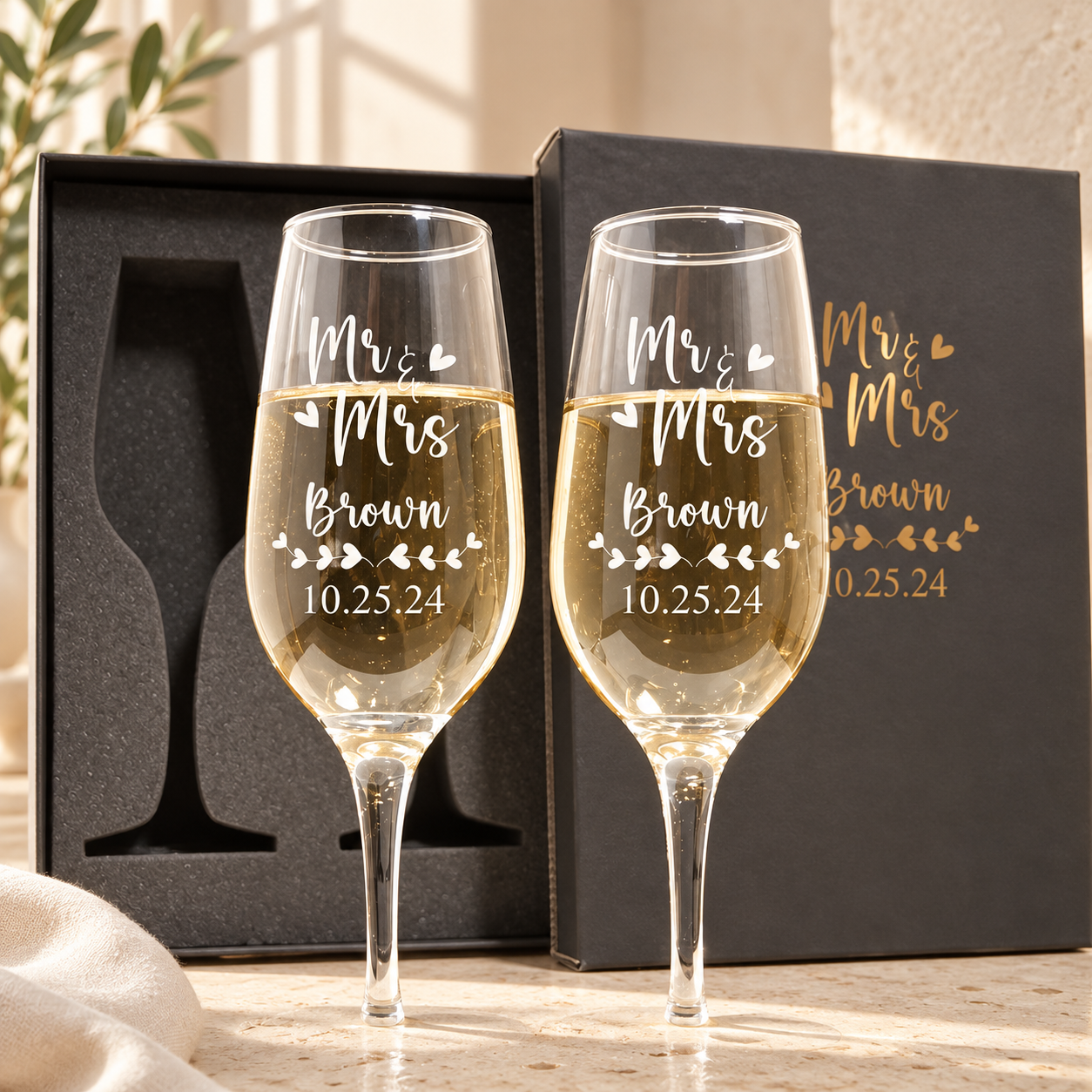 Personalized Champagne Flute Glass Set - "Mr & Mrs Hearts"