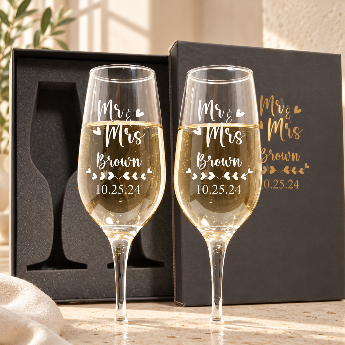 Personalized Champagne Flute Glass Set - "Mr & Mrs Hearts" — engraved detail, styled in natural daylight