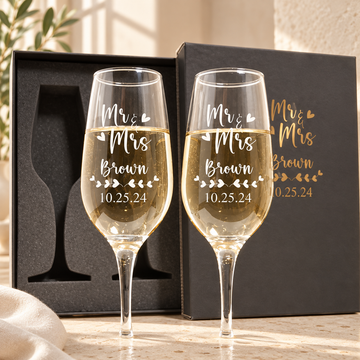 Personalized Champagne Flute Glass Set - "Mr & Mrs Hearts" — engraved detail, styled in natural daylight