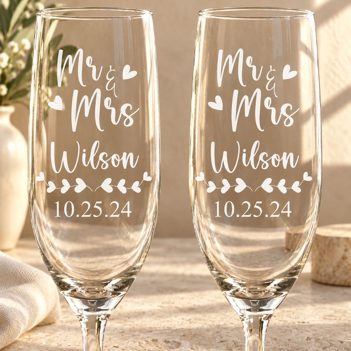 Personalized Champagne Flute Glass Set - "Mr & Mrs Hearts" — engraved detail, styled in natural daylight