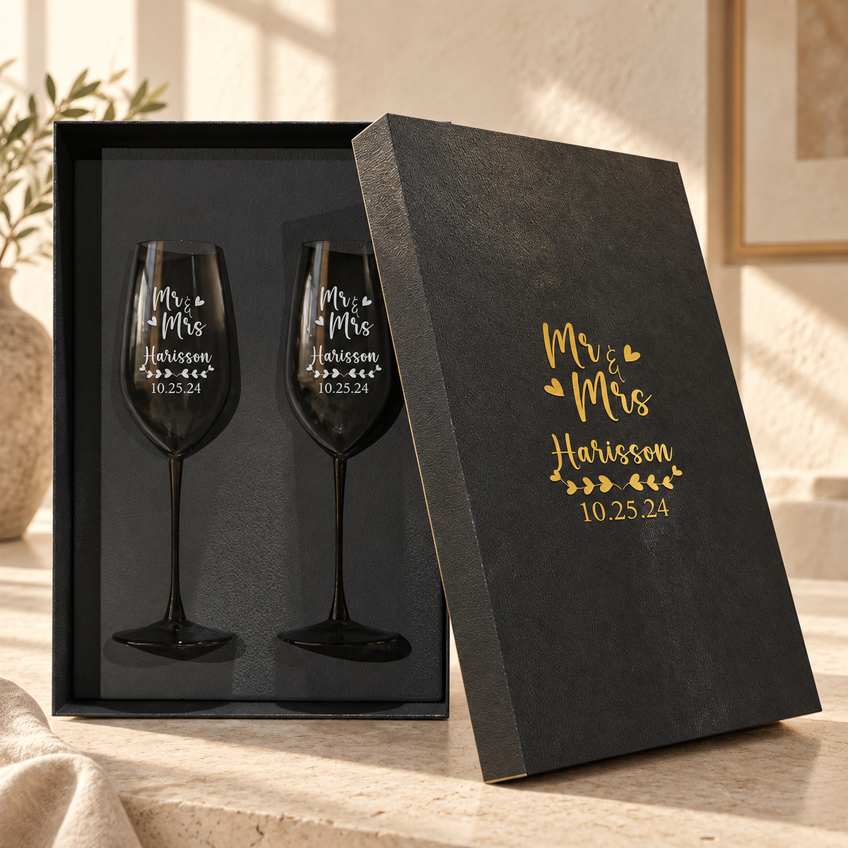 Personalized Champagne Flute Glass Set - "Mr & Mrs Hearts" — engraved detail, styled in natural daylight