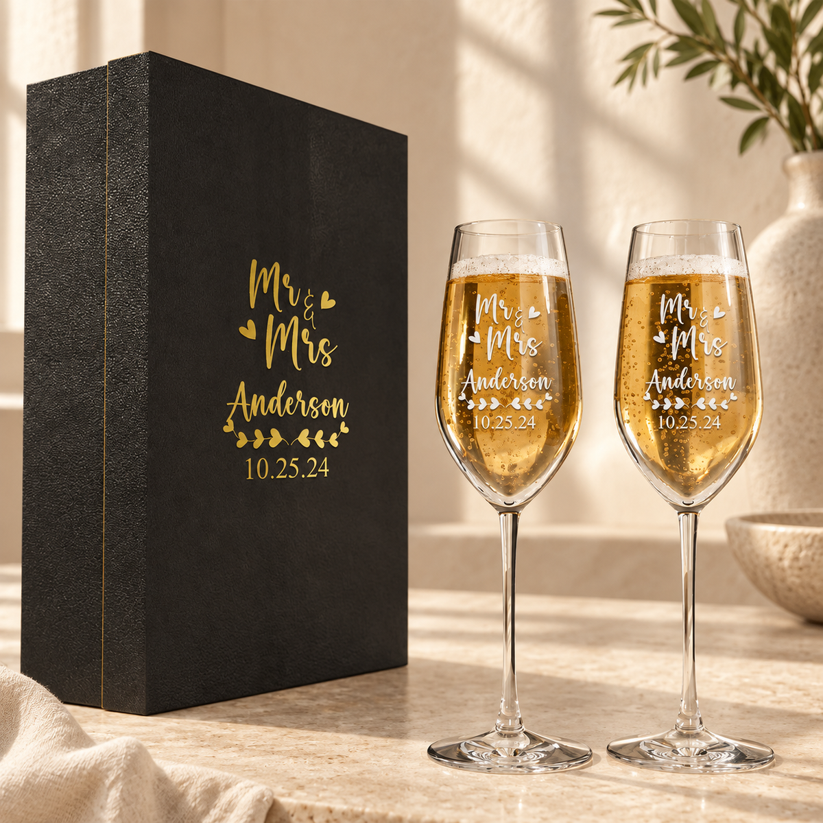 Personalized Champagne Flute Glass Set - "Mr & Mrs Hearts" — engraved detail, styled in natural daylight