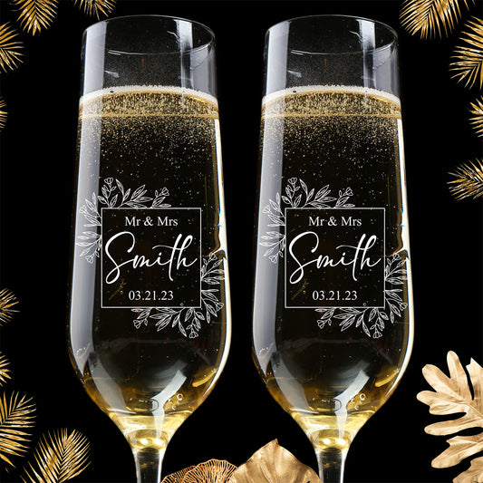 Personalized Champagne Flute Glass Set - "Mr & Mrs"
