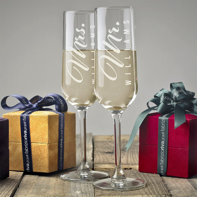 Personalized Champagne Flute Glass Set - "Mr & Mrs Vertical"