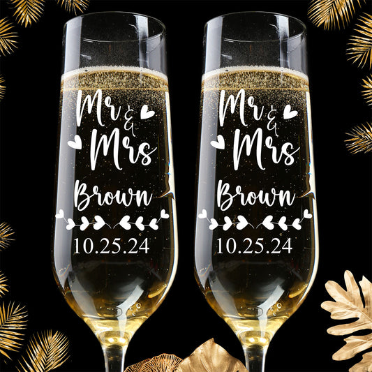 Personalized Champagne Flute Glass Set - "Mr & Mrs Hearts"