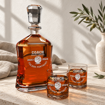 Personalized Decanter - "Basketball Coach" — personalized detail, styled in natural daylight