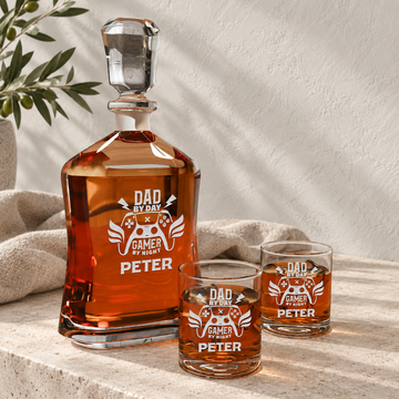 Personalized Decanter - "Dad By Day Gamer By Night" — styled in natural daylight