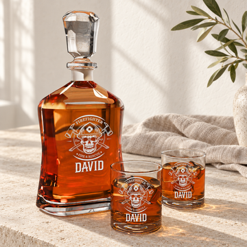 Personalized Decanter - "Firefighter Skull" — styled in natural daylight