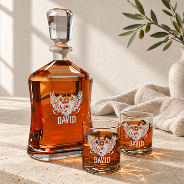 Personalized Decanter - "Firefighter Wings" — personalized detail, styled in natural daylight