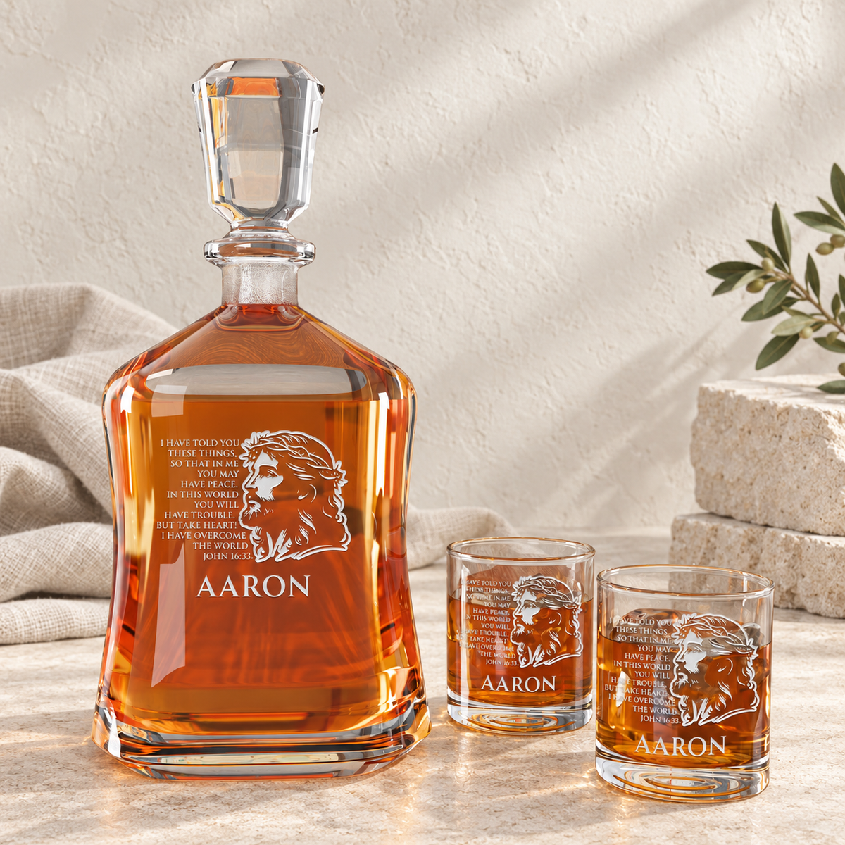 Personalized Decanter - "John 16:33" — natural daylight editorial photograph