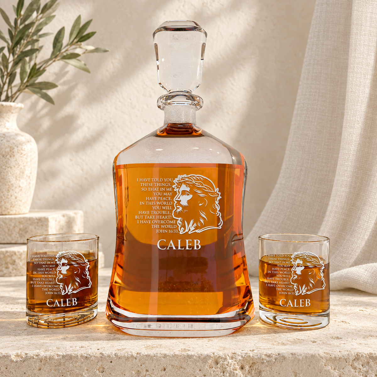 Personalized Decanter - "John 16:33" — natural daylight editorial photograph