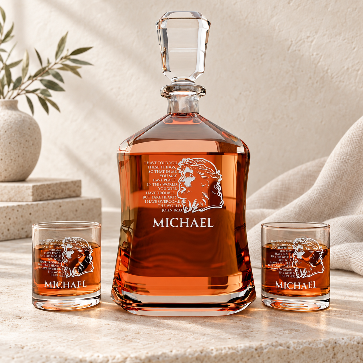 Personalized Decanter - "John 16:33" — natural daylight editorial photograph
