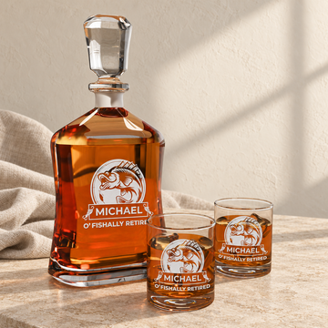 Personalized Decanter - "Ofishally Retired" — natural daylight editorial photograph