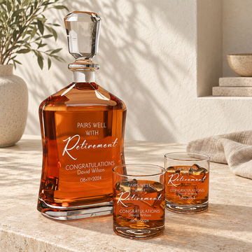 Personalized Decanter - "Pairs Well With Retirement" — natural daylight editorial photograph
