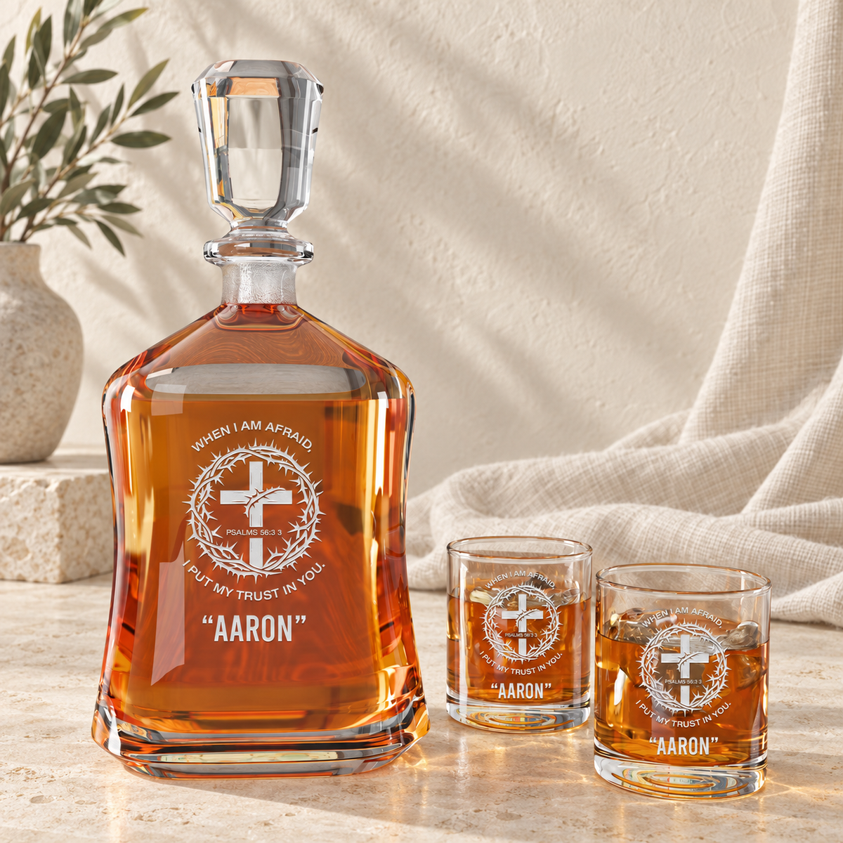 Personalized Decanter - "Psalms 56:3 3" — natural daylight editorial photograph