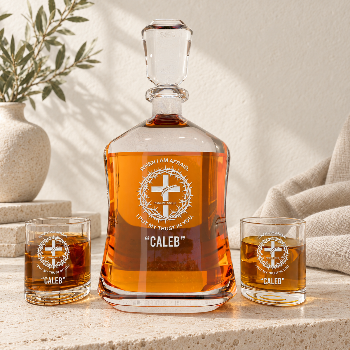 Personalized Decanter - "Psalms 56:3 3" — natural daylight editorial photograph