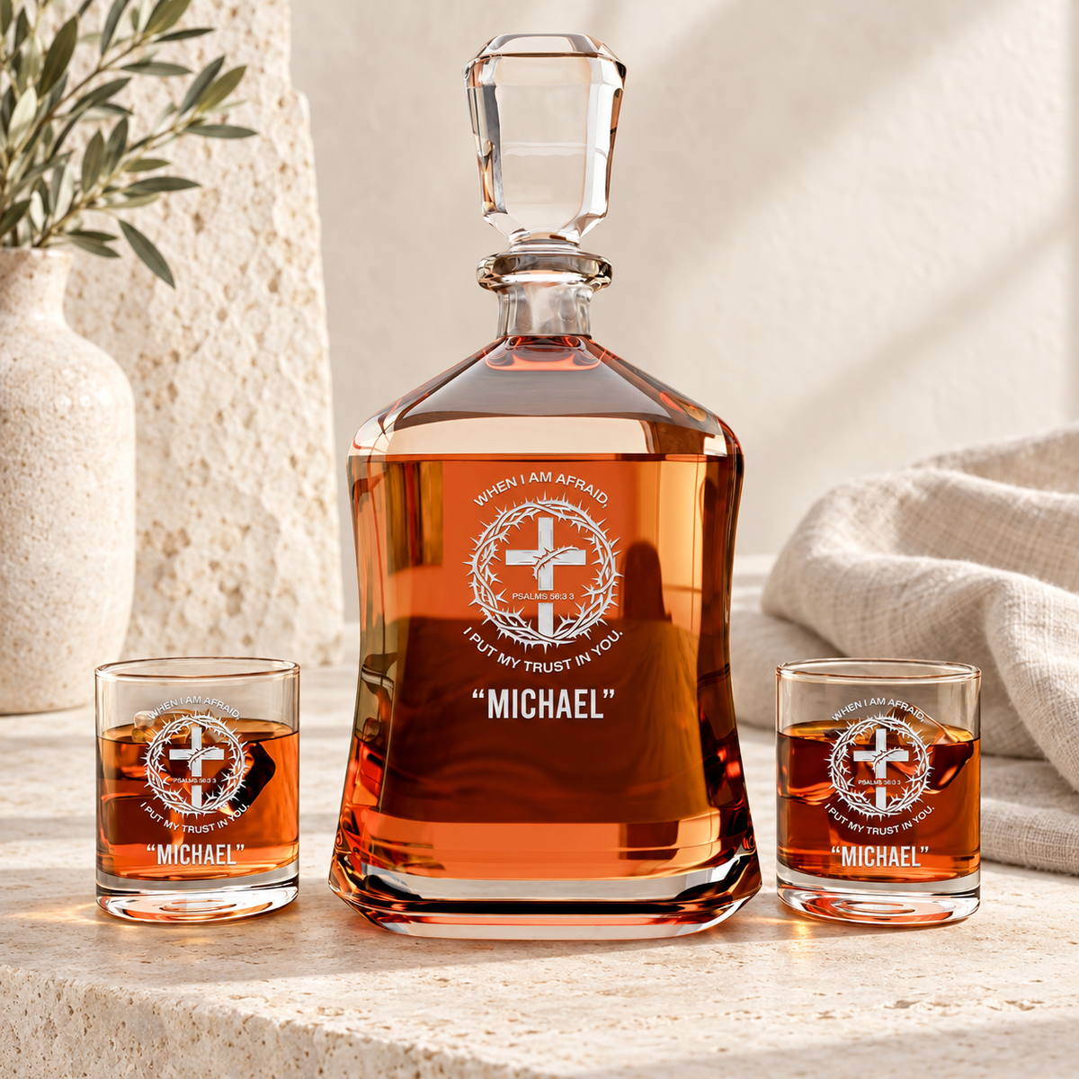Personalized Decanter - "Psalms 56:3 3" — natural daylight editorial photograph