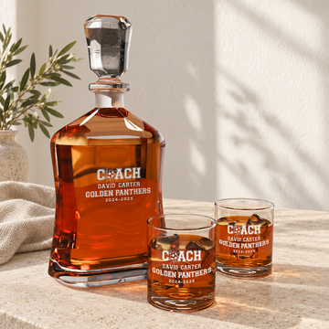 Personalized Decanter - "Soccer Coach" — personalized detail, styled in natural daylight