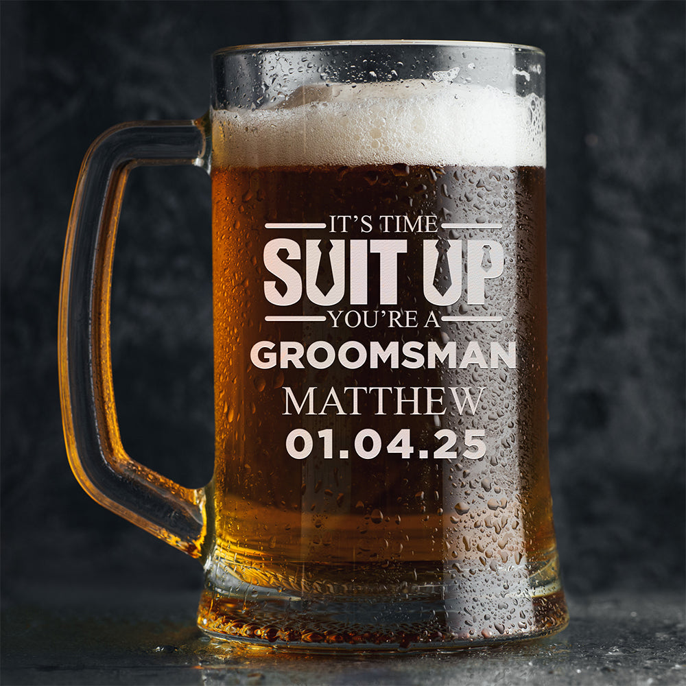 Personalized Beer Mug - "Suit Up Groomsman"