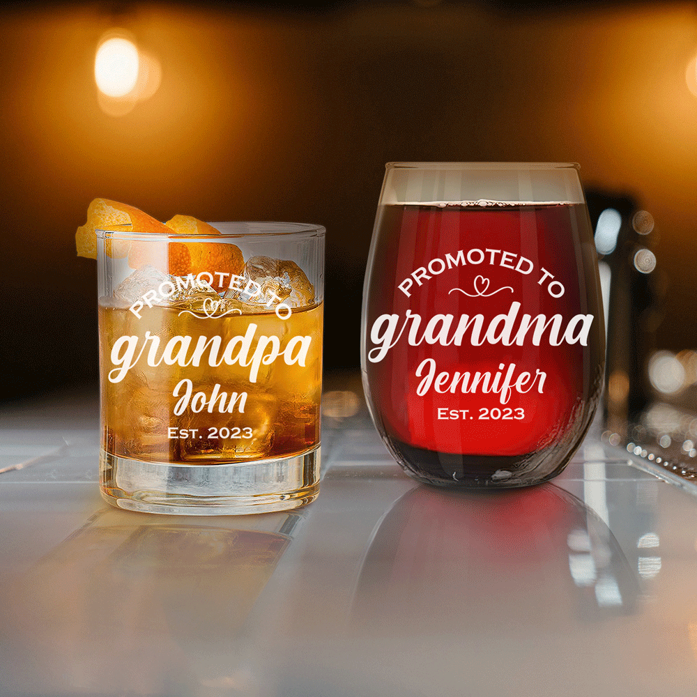 Personalized Whiskey and Wine Glass Set - Promoted to Grandparents