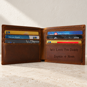The Wallet - "Handwritten" — personalized leather detail in soft daylight