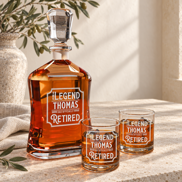 Personalized Decanter - "Legend Has Retired" — styled in natural daylight