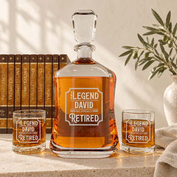 Personalized Decanter - "Legend Has Retired" — styled in natural daylight