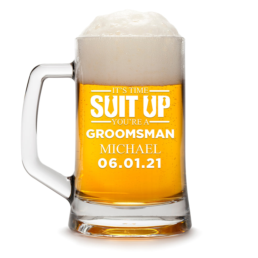 Personalized Beer Mug - "Suit Up Groomsman"