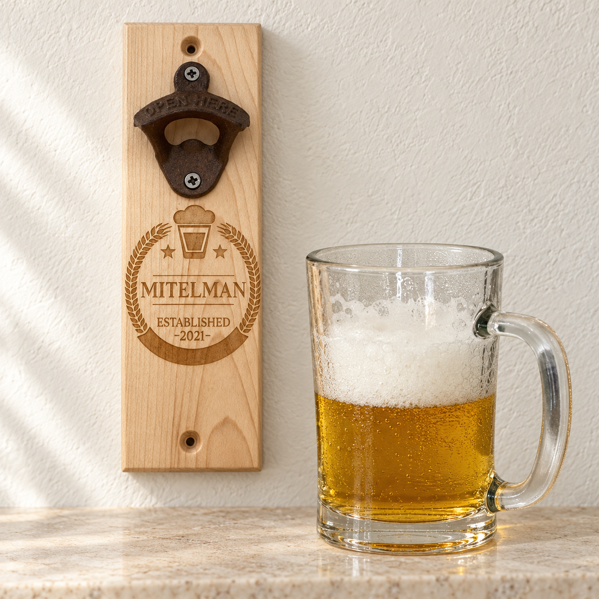 The Popper - Maple - Personalized Wall-Mounted Bottle Opener, gallery view 4, photographed in natural light
