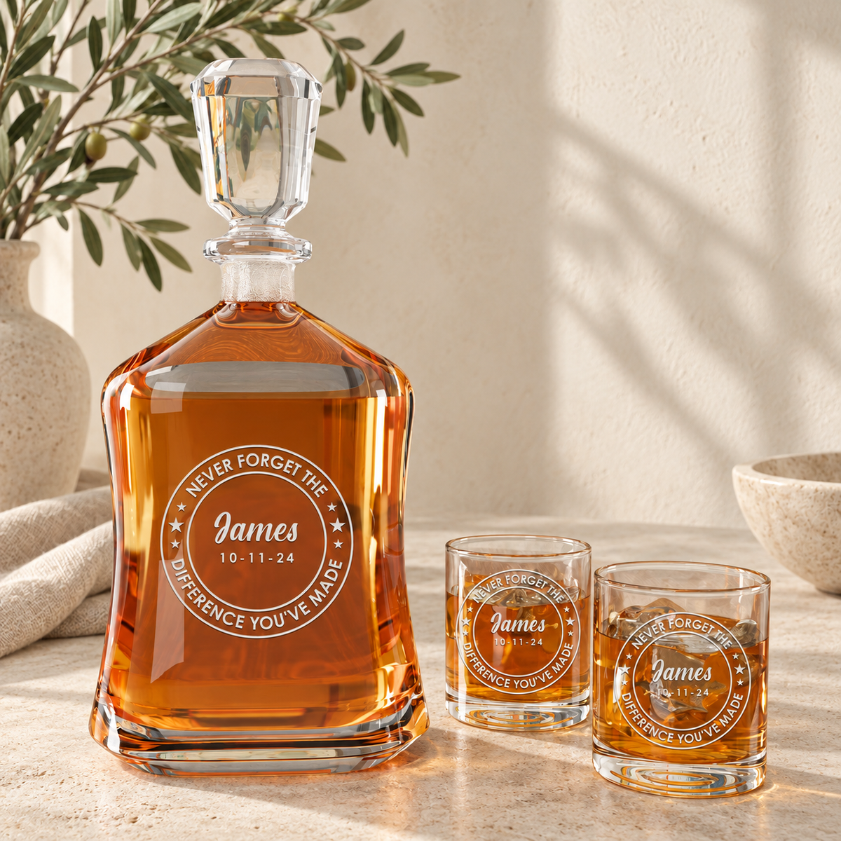 Personalized Decanter - "Never Forget The Difference You've Made" — styled in natural daylight