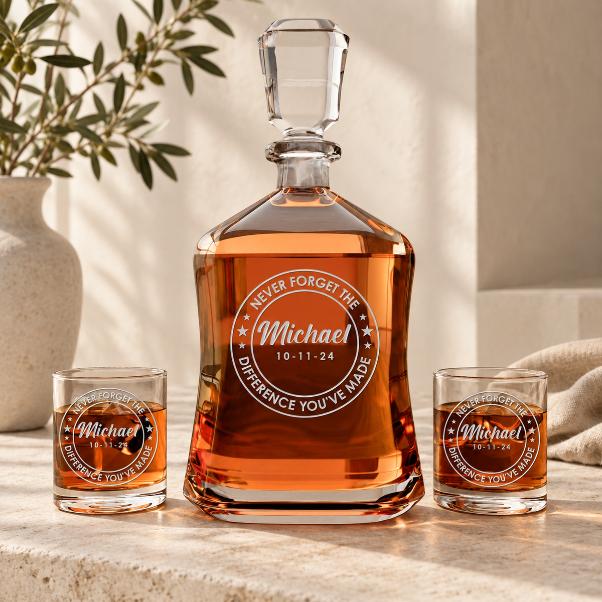 Personalized Decanter - "Never Forget The Difference You've Made" — styled in natural daylight