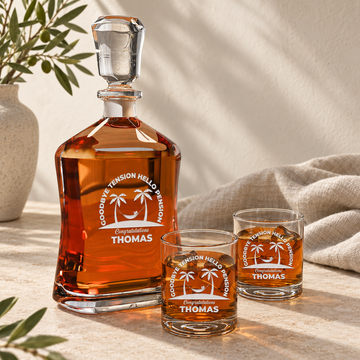 Personalized Decanter - "Goodbye Tension Hello Pension" — styled in natural daylight